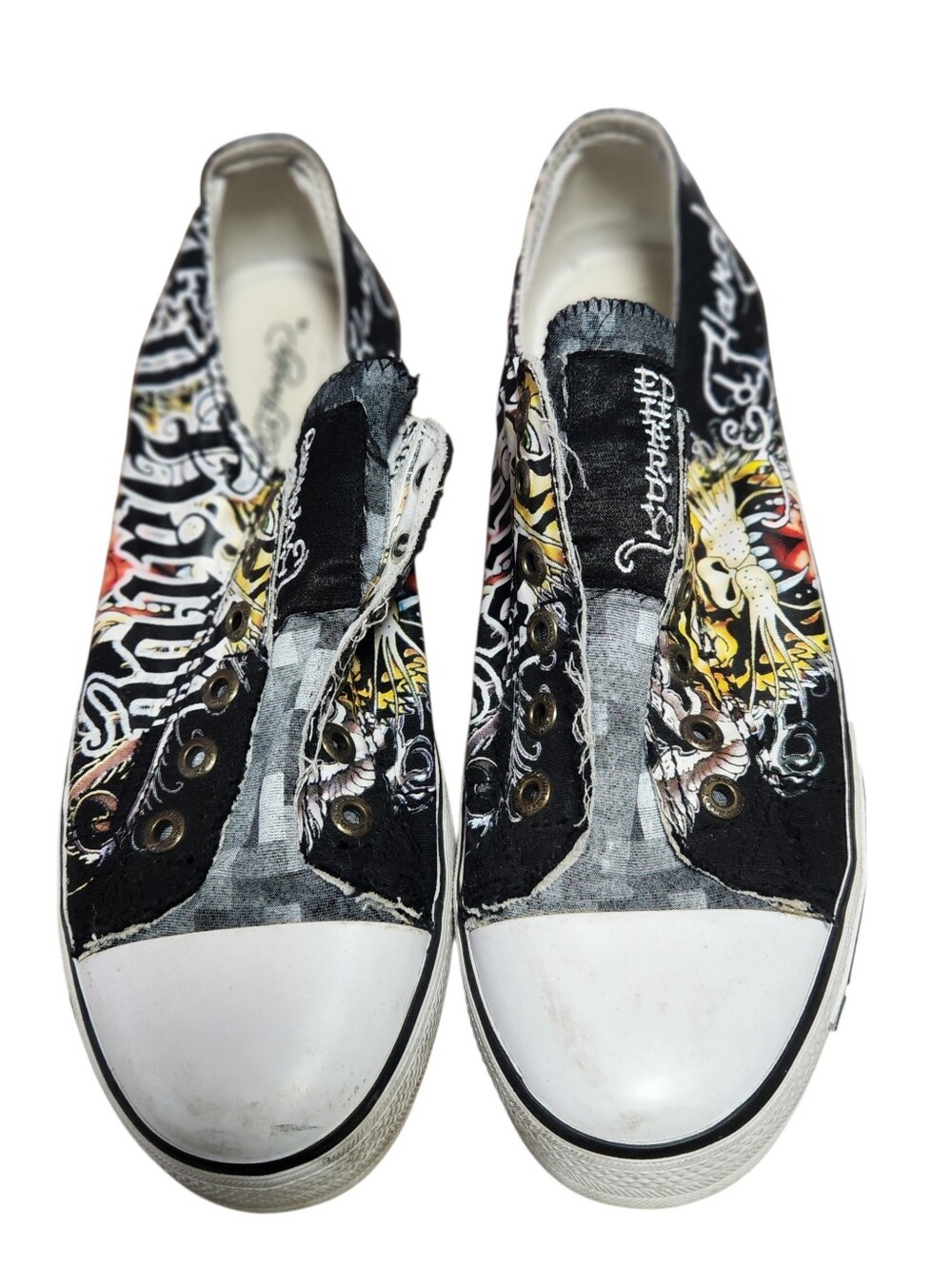 Ed Hardy Black Low-Top Graphic Canvas Sneakers with Multicolor Tattoo Art